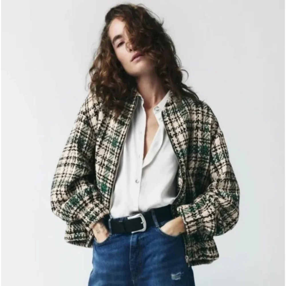 ZARA Women Tweed Plaid Bomber Jacket Zip Front Sz L Old Money Preppy Academia - Picture 2 of 13